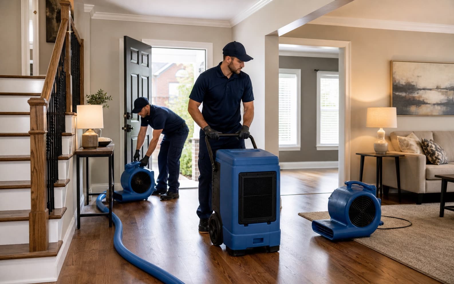 Illustration of technicians setting up drying equipment in a home