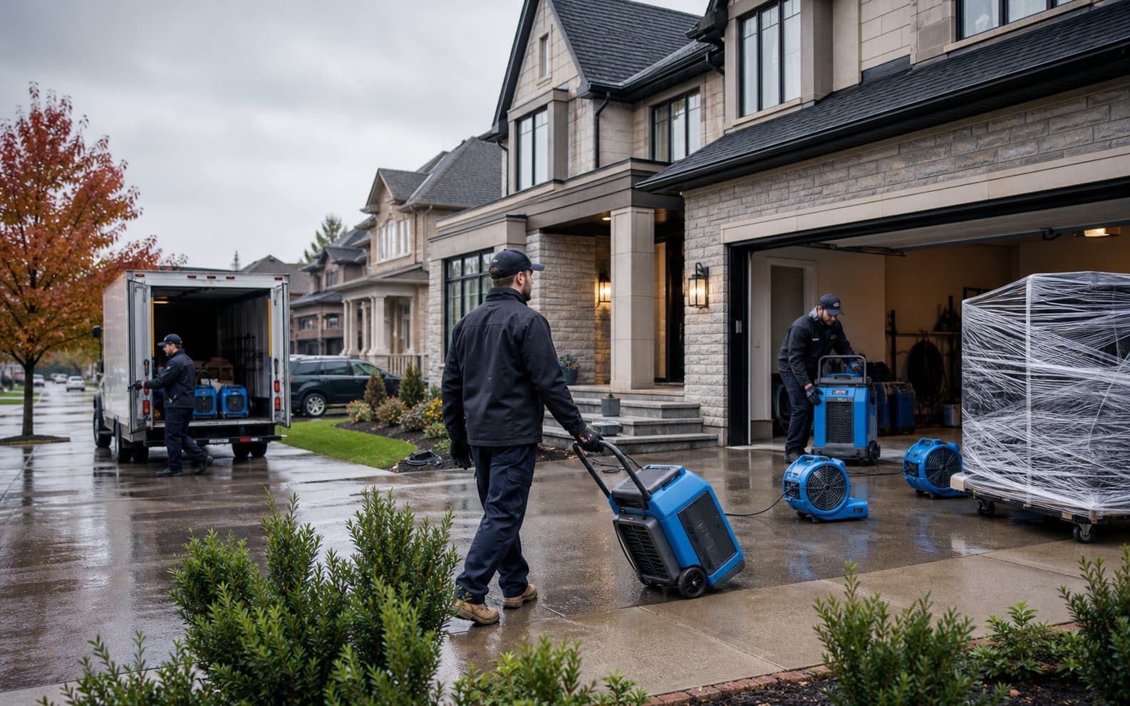 Illustration of a crew unloading drying equipment at a house