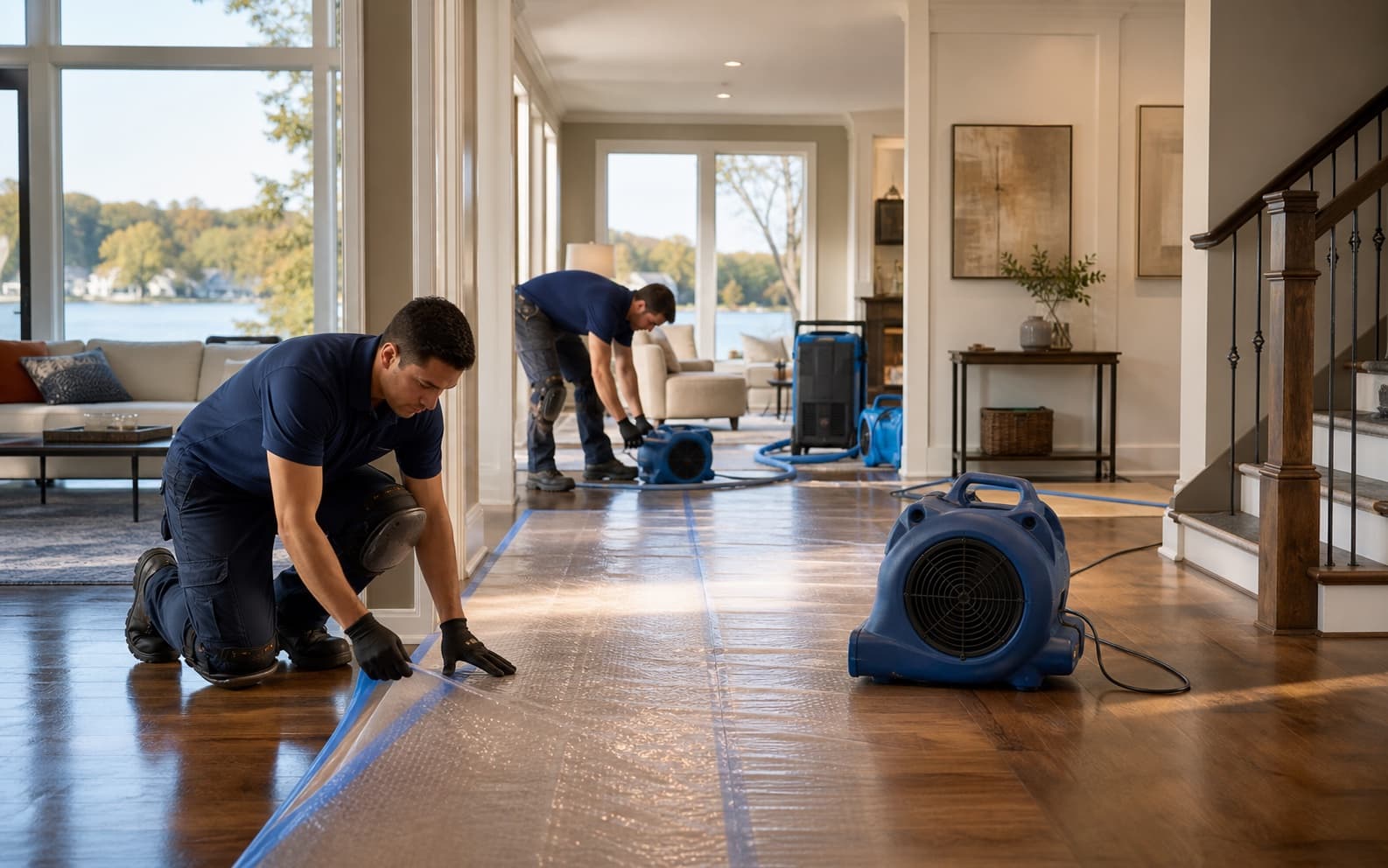 Restoration crew protecting hardwood floors in an Oakville home