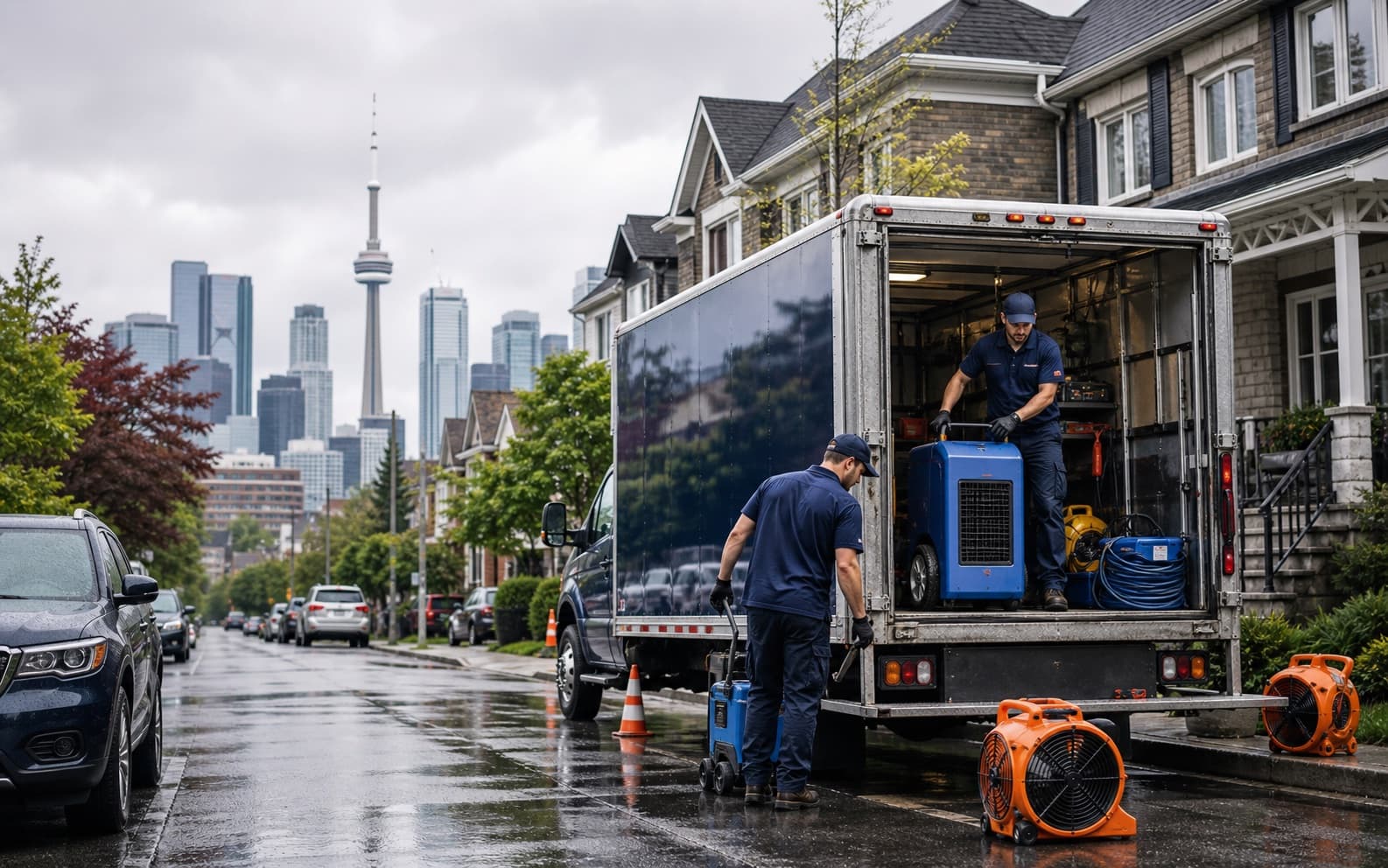 Illustration of a restoration truck on a residential street