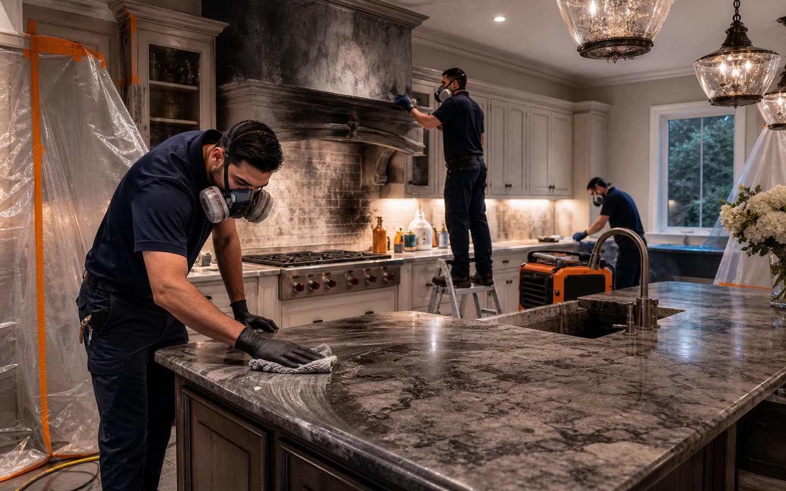 Fire and smoke cleanup crew at a Vaughan kitchen