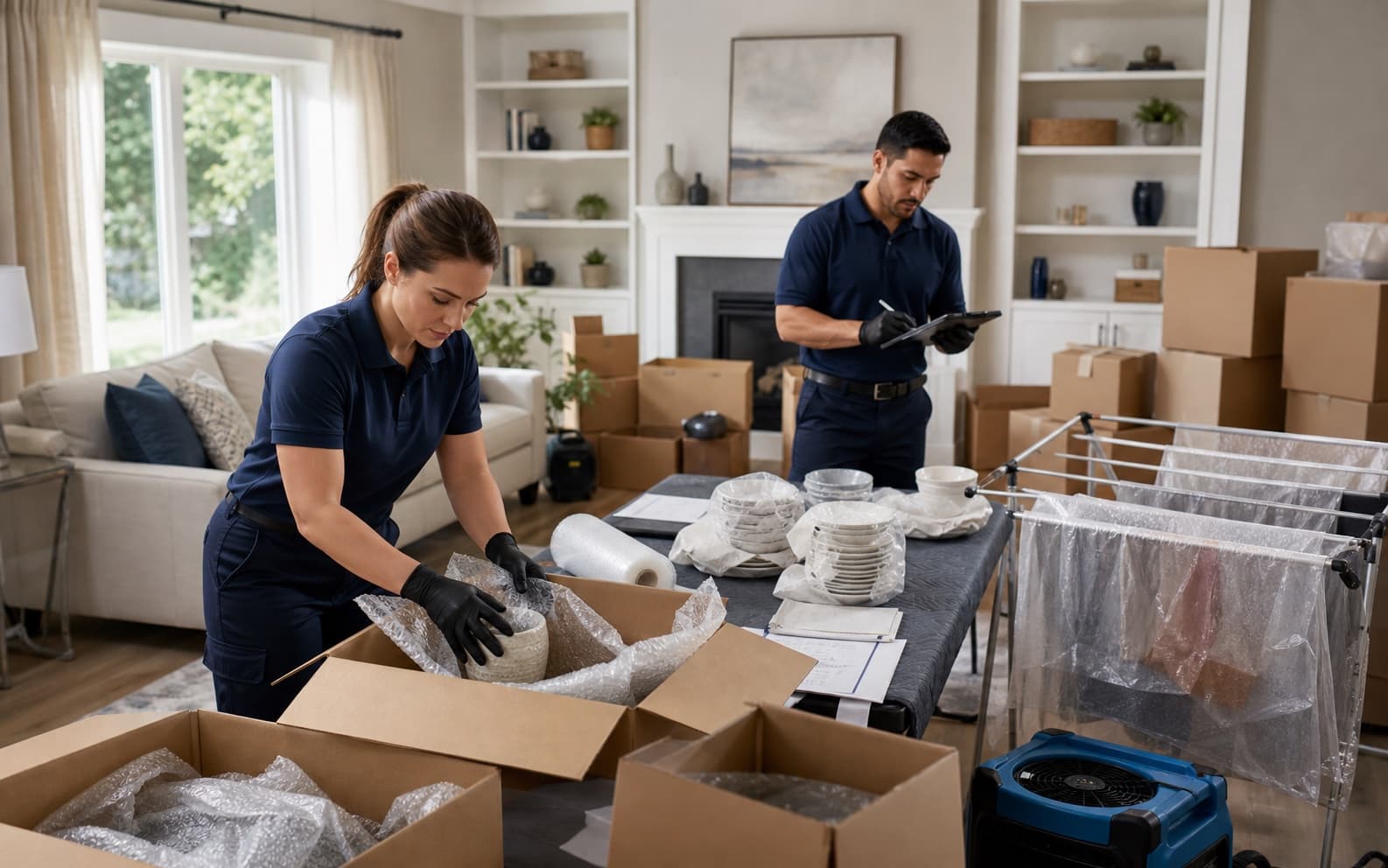 Illustration of a crew packing household contents after property damage