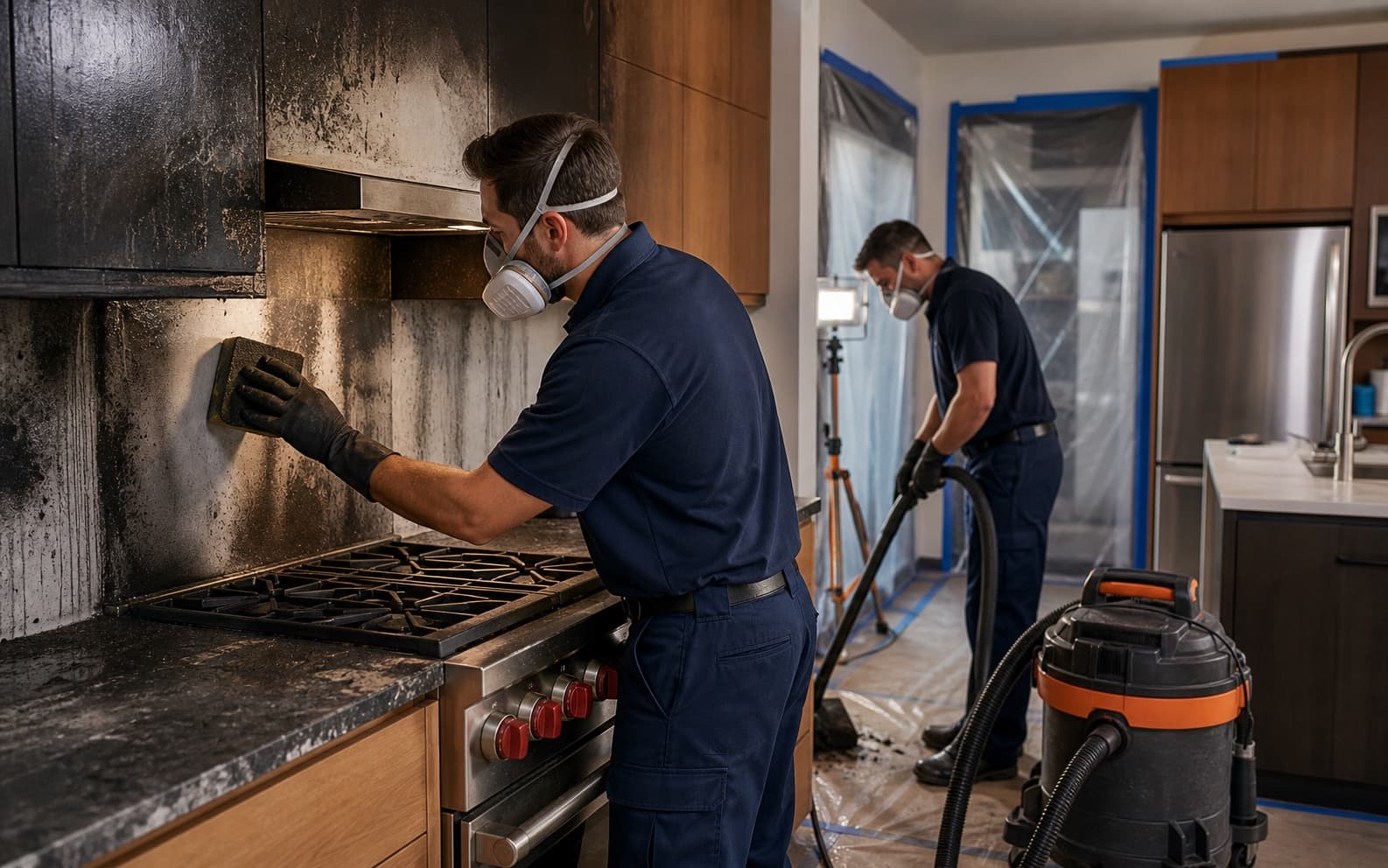 Illustration of technicians cleaning smoke damage in a kitchen
