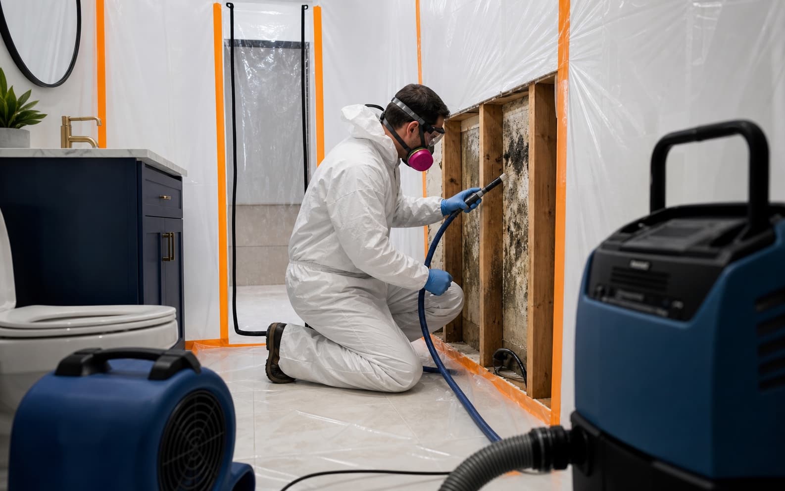 Mold remediation containment setup in a residential bathroom