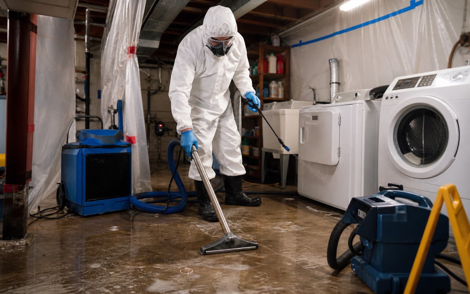 Technician performing professional sewage cleanup in a basement laundry room