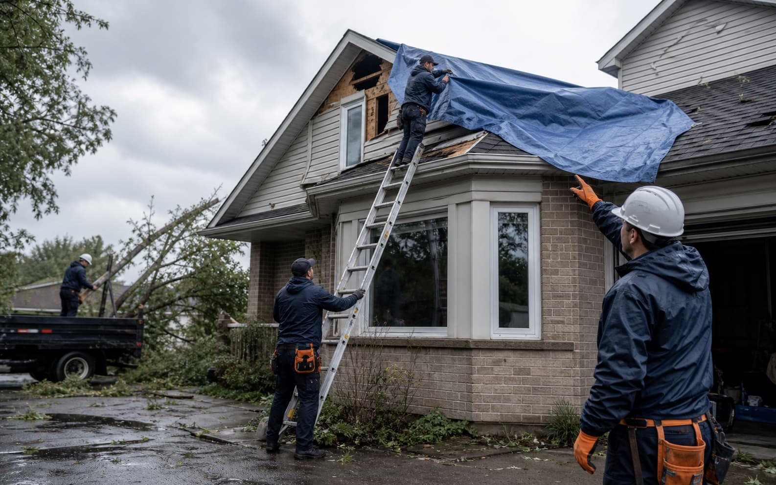 Technicians securing storm damage at a suburban home