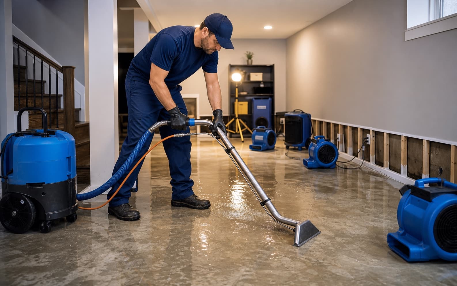 Technician extracting water from a flooded finished basement
